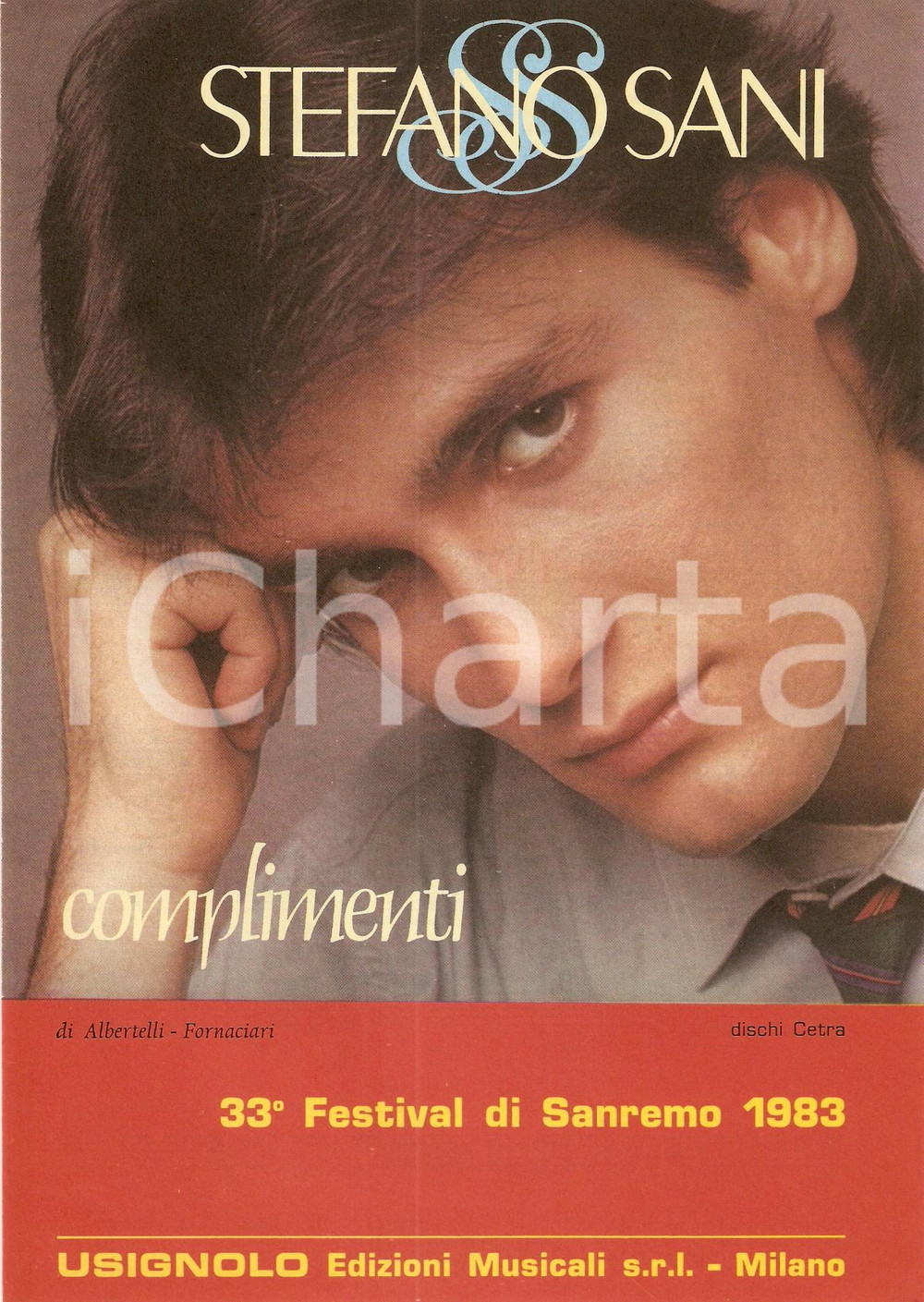 Oggetto da collezione cartaceo 1983 FESTIVAL SANREMO Stefano SANI Complimenti Testo di ZUCCHERO Spartito CETRA 1