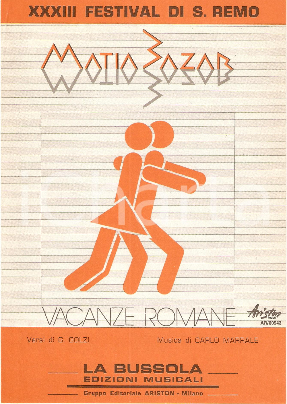 Oggetto da collezione cartaceo 1983 FESTIVAL SANREMO Vacanze romane MATIA BAZAR Spartito ARISTON MUSIC 1