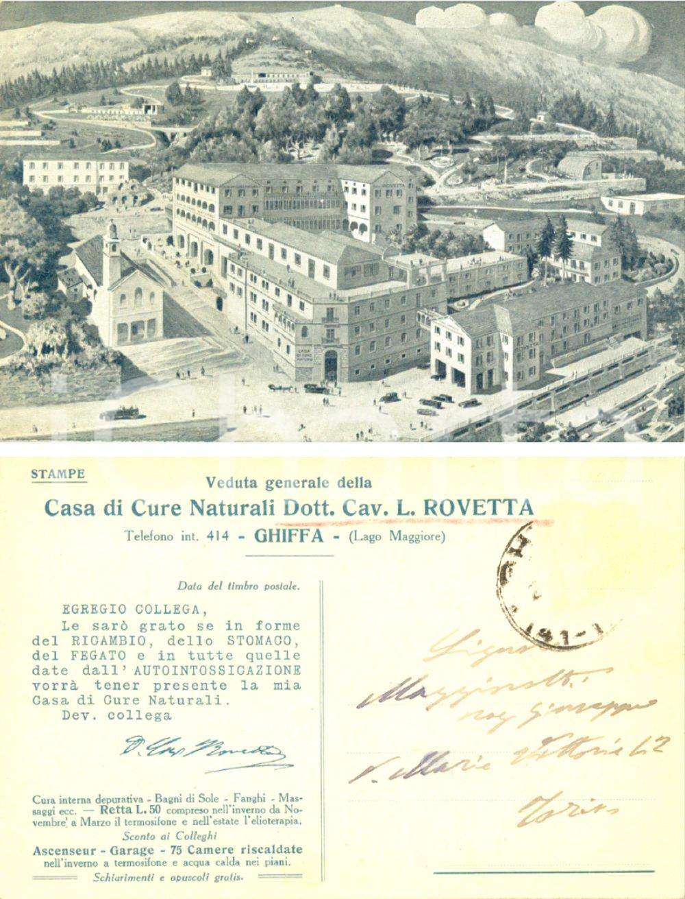 Cartolina originale da collezione 1930 ca GHIFFA VB LAGO MAGGIORE Casa di cure dottor Luigi ROVETTA FP VG 1
