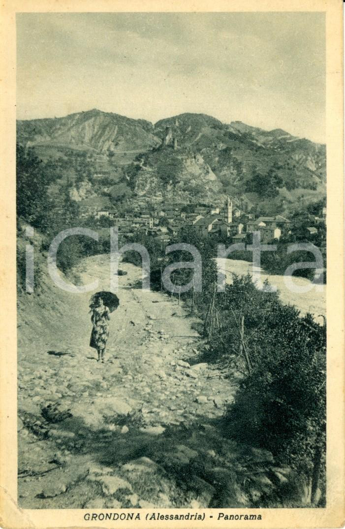 Cartolina originale da collezione 1937 GRONDONA AL Donna a passeggio con ombrello parasole Cartolina FP VG 1