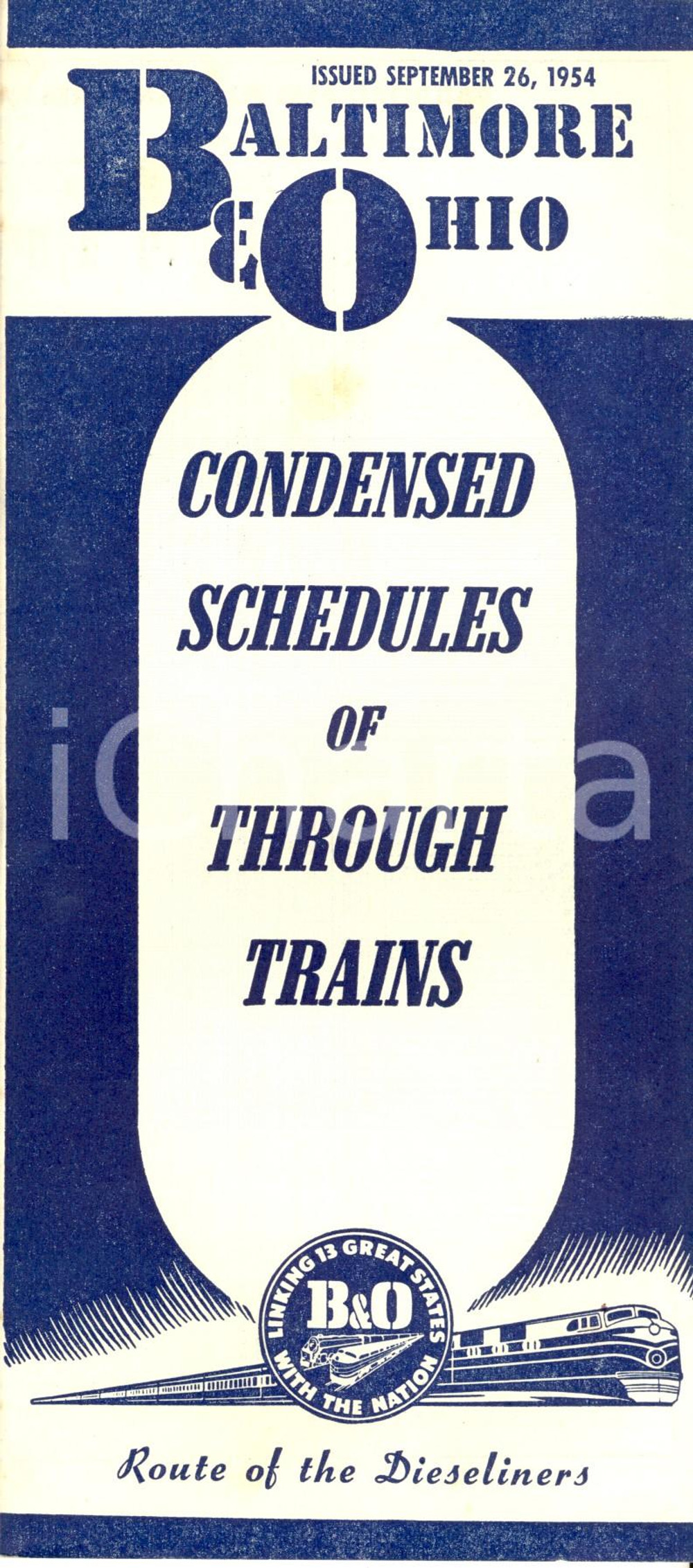 Materiale pubblicitario d’epoca 1954 BALTIMORE E OHIO Condensed schedules of through trains Opuscolo con mappa 1