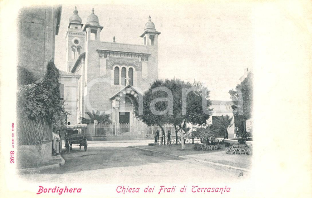 Cartolina originale da collezione 1900 ca BORDIGHERA IM Chiesa FRATI DI TERRASANTA con calesse ANIMATA FP NV 1