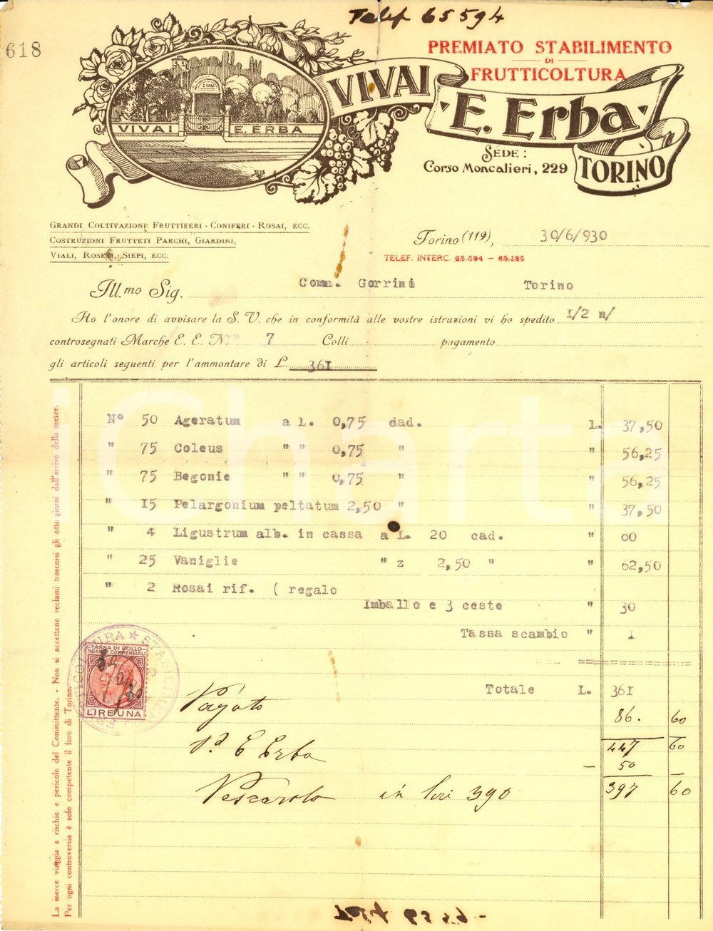 Documento originale, autentico 1930 TORINO Vivai Ernesto ERBA premiato stabilimento di frutticoltura Fattura 1