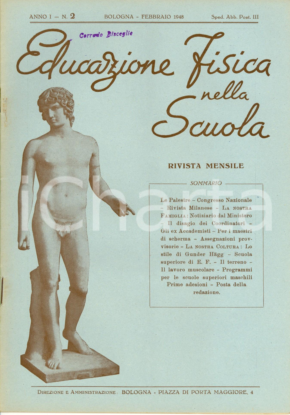 Giornale, rivista storica 1948 EDUCAZIONE FISICA NELLA SCUOLA Lo stile di Gunder HAGG Rivista Anno I n. 2 1