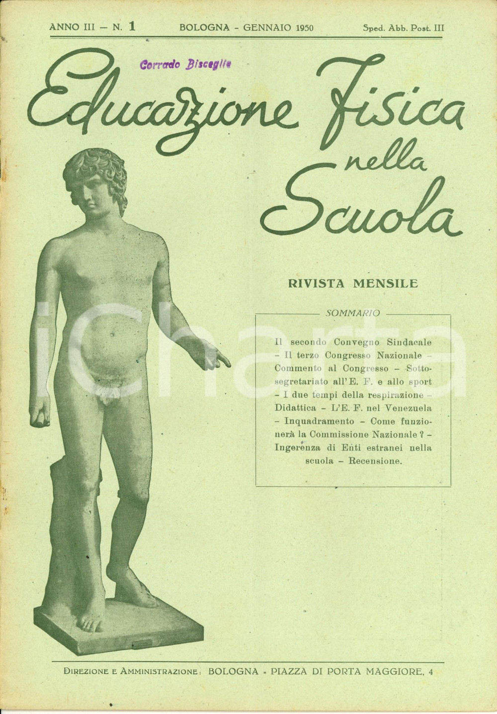 Giornale, rivista storica 1950 EDUCAZIONE FISICA NELLA SCUOLA Terzo Congresso Insegnanti Anno III n. 1 1