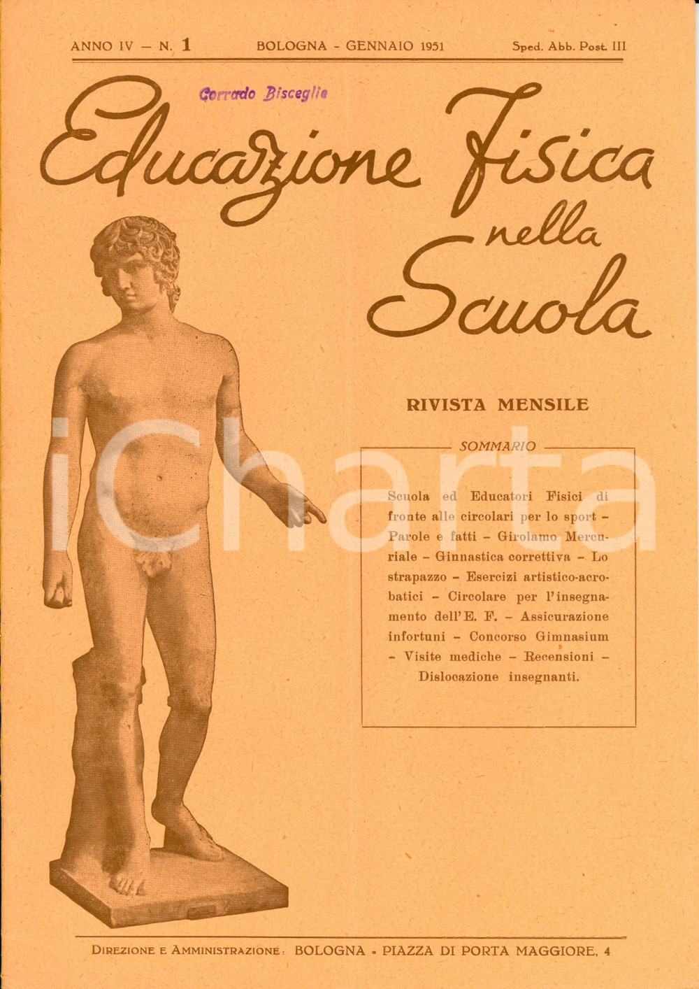 Giornale, rivista storica 1951 EDUCAZIONE FISICA NELLA SCUOLA L opera di Girolamo MERCURIALE Anno IV n. 1 1