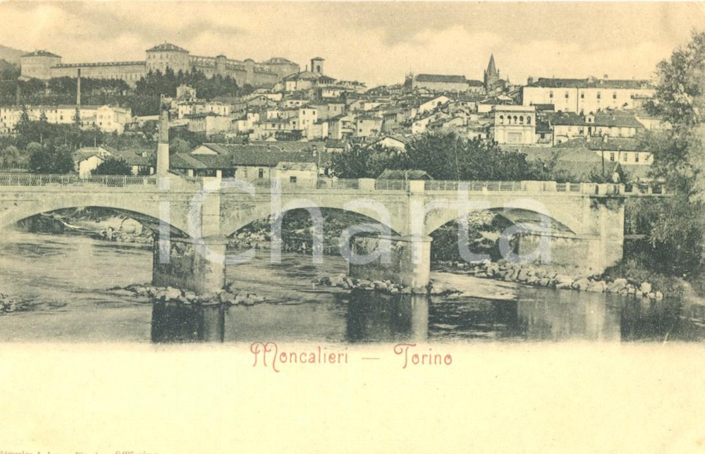 Cartolina originale da collezione 1900 ca MONCALIERI TO Veduta del paese e del castello residenza SABAUDA FP NV 1