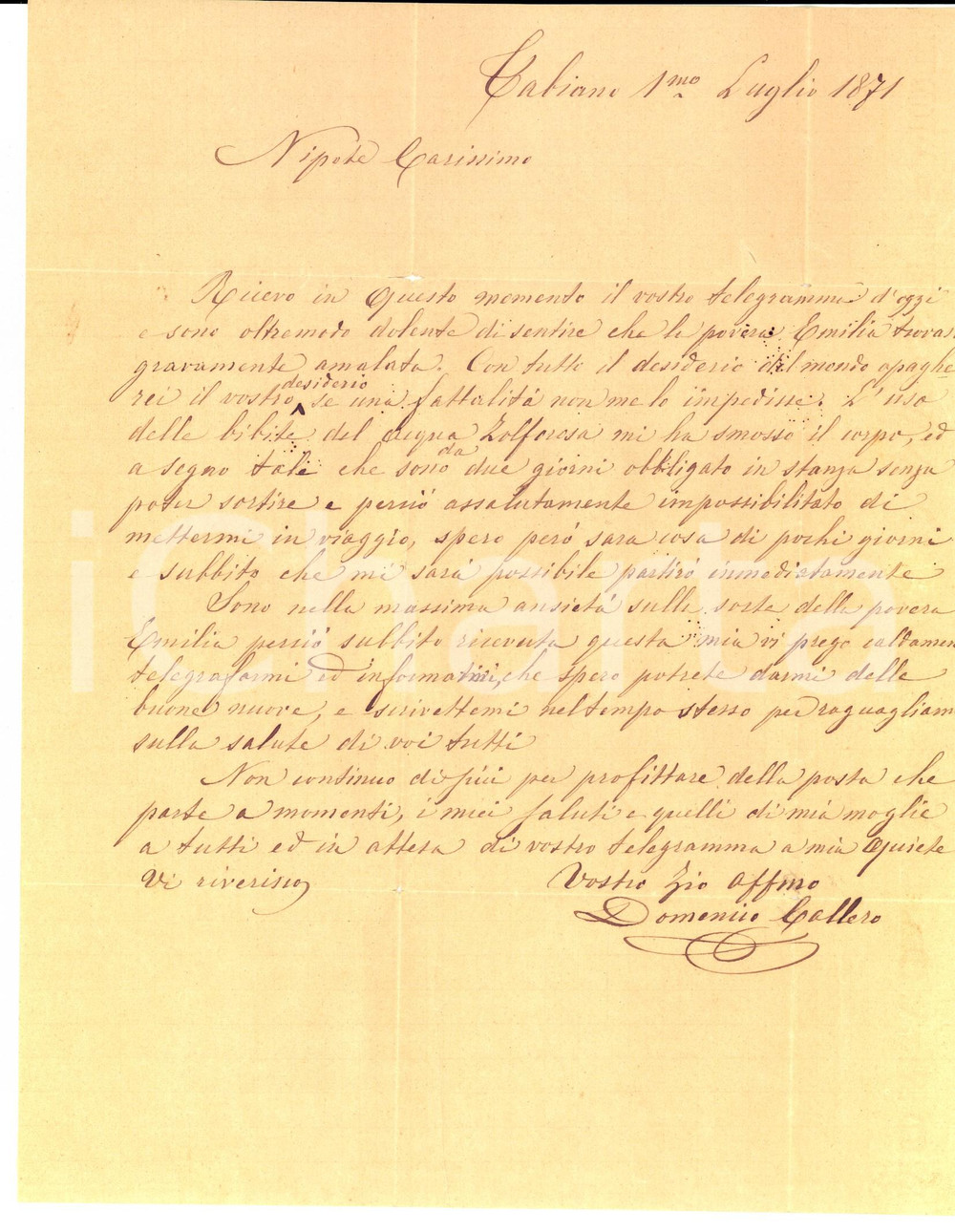 Documento originale, autentico 1871 GABIANO FIDENZA PR Domenico CALLERO non può raggiungere la nipote malata 1