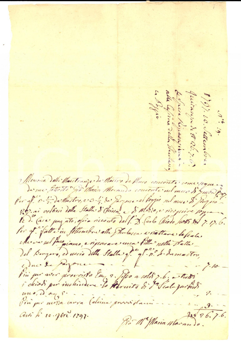 Documento originale, autentico 1797 ASTI Conto di Giovanni Maria MORANDO mastro muratore Manoscritto 1