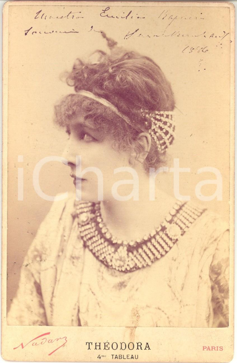 Autografo originale 1886 PARIS Sarah BERNHARDT nei panni di THEODORA Foto NADAR con AUTOGRAFO 1