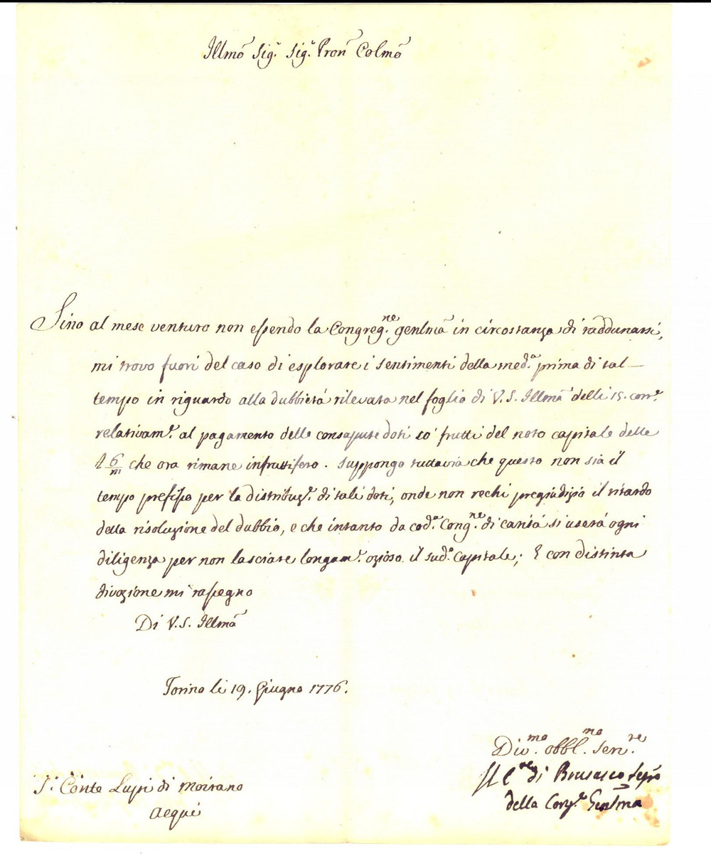 Documento originale, autentico 1776 ASTI Pagamento legato di mons. CAPRA per giovani povere COTTI DI BRUSASCO 1
