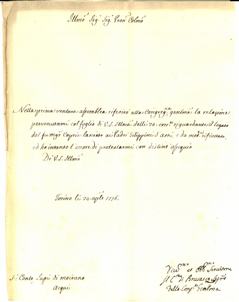 Documento originale, autentico 1776 ASTI Legato mons. CAPRA ai Padri Filippini Autografo COTTI DI BRUSASCO 1