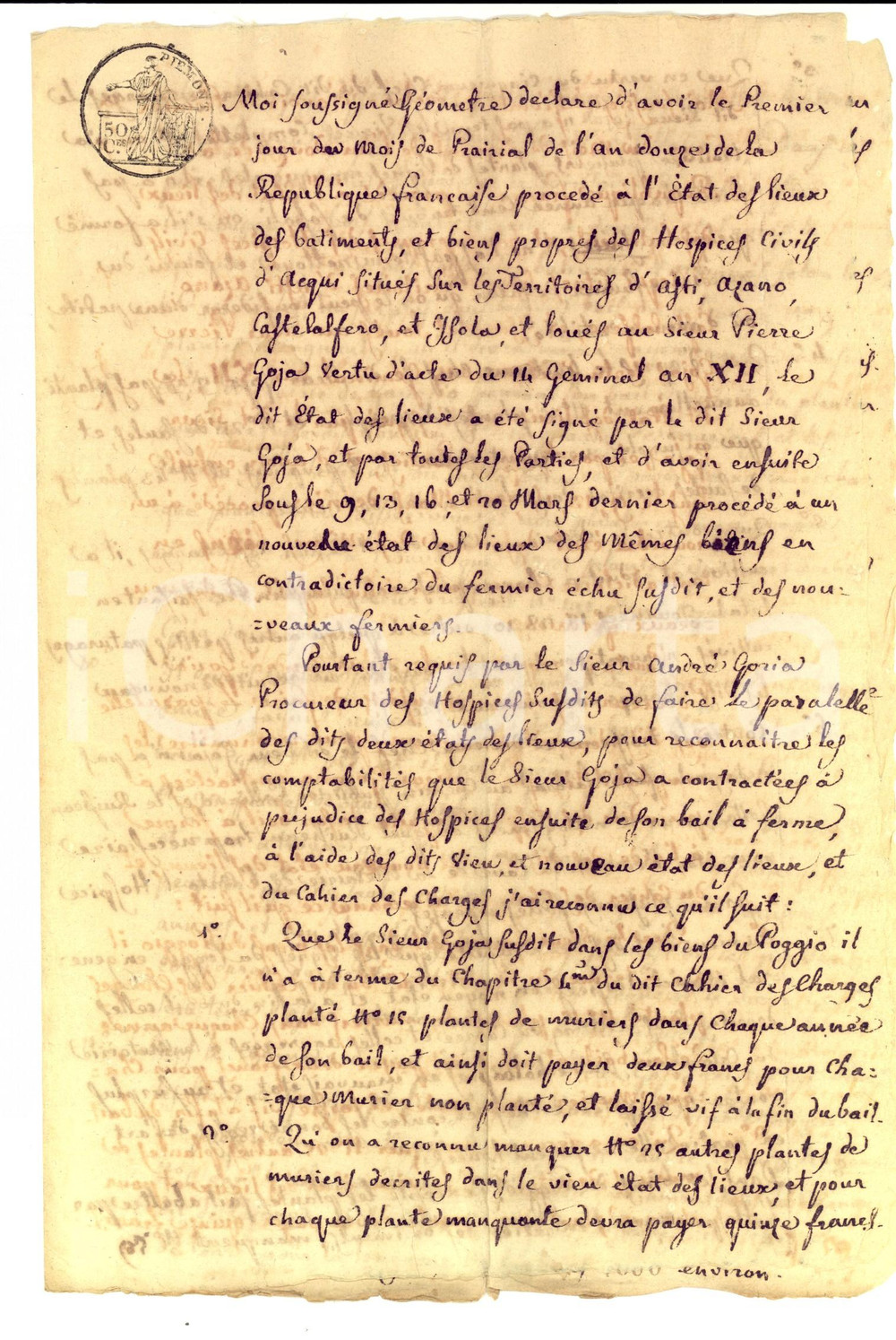 Documento originale, autentico 1813 ASTI Pietro GOJA affittuario inadempiente dell Ospedale di ACQUI TERME 1