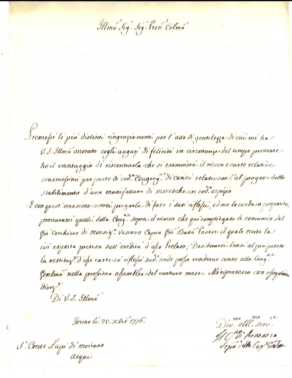 Documento originale, autentico 1776 ACQUI TERME AL Ricorso per manifattura di moresche COTTI DI BRUSASCO 1