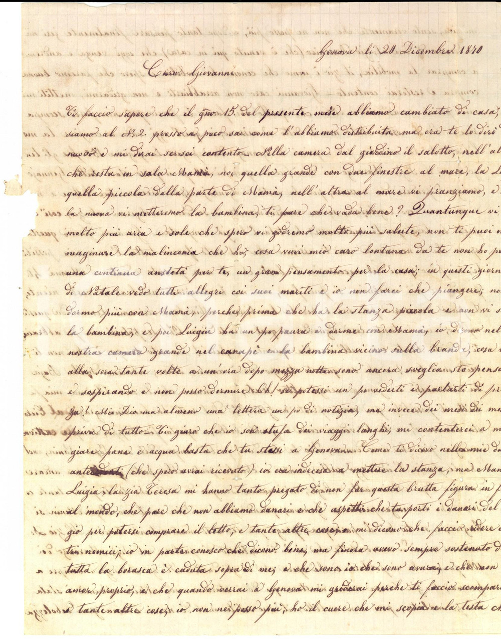 1870 GENOVA Emilia DE MAURIZI preferirebbe pane e acqua alla mancanza del marito