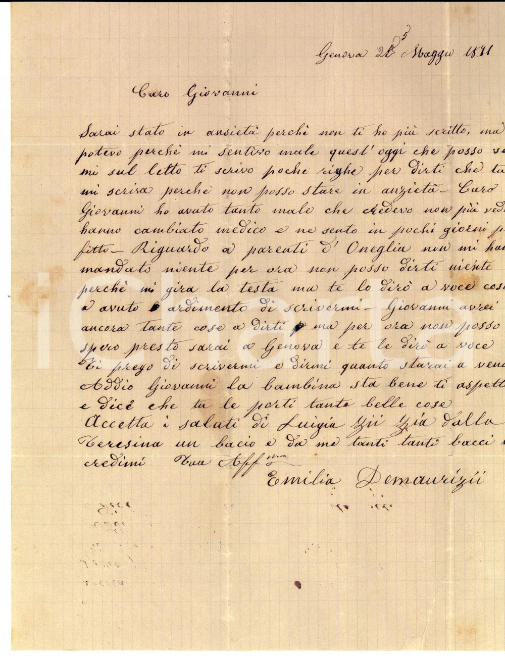 Documento originale, autentico 1871 GENOVA Emilia DE MAURIZI gravemente malata crede di morire Lettera 1