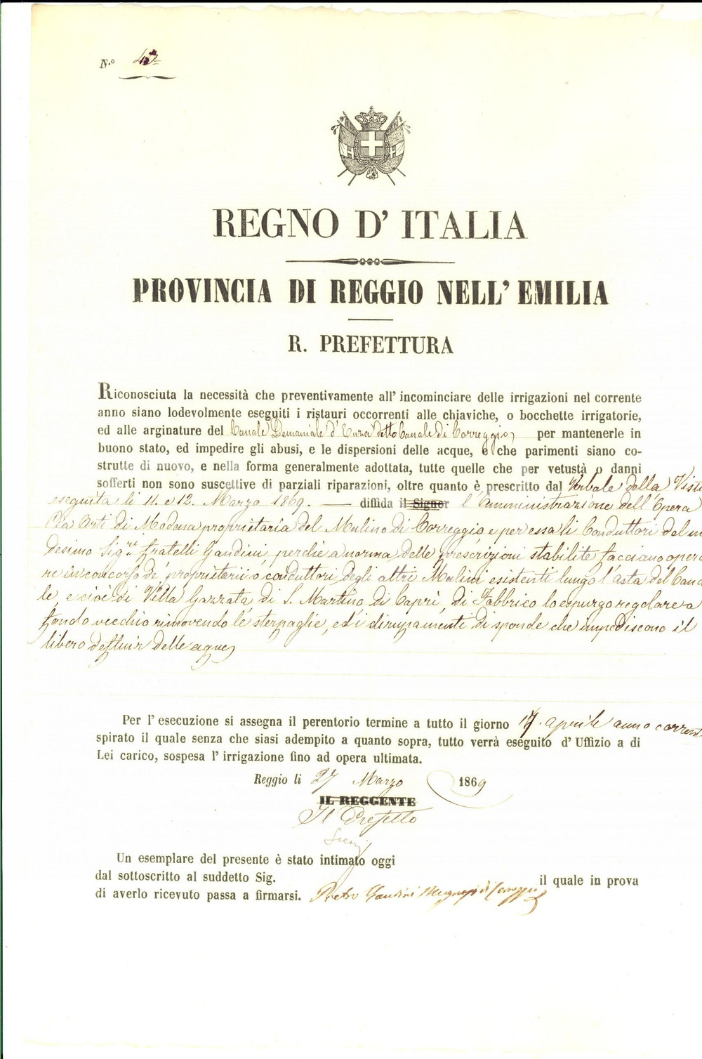 Documento originale, autentico 1869 CORREGGIO RE Obbligo di spurgo del canale per i proprietari dei mulini 1