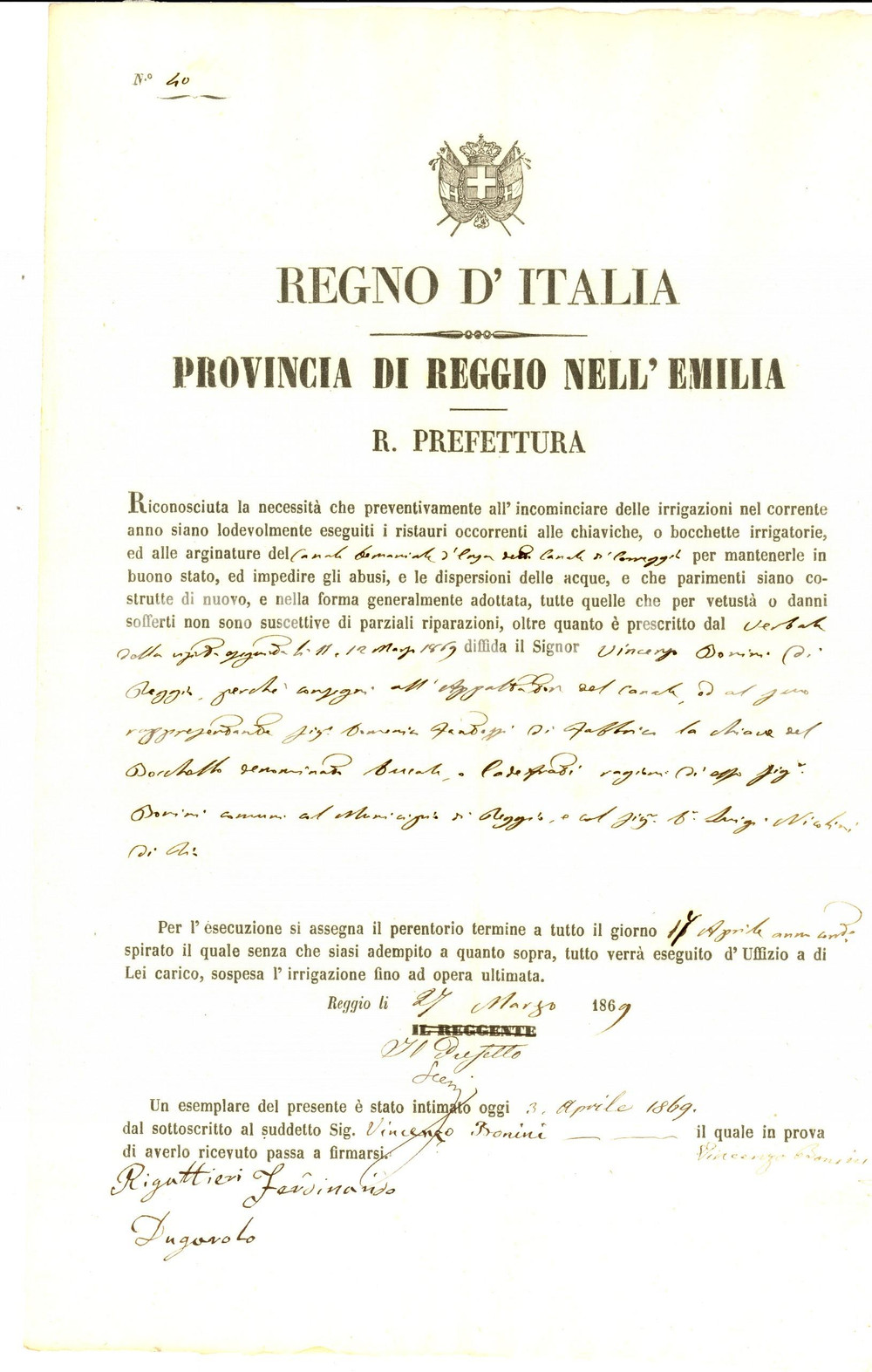 1869 REGGIO EMILIA Vincenzo BONINI consegna chiave del bocchetto CA DE' FRATI