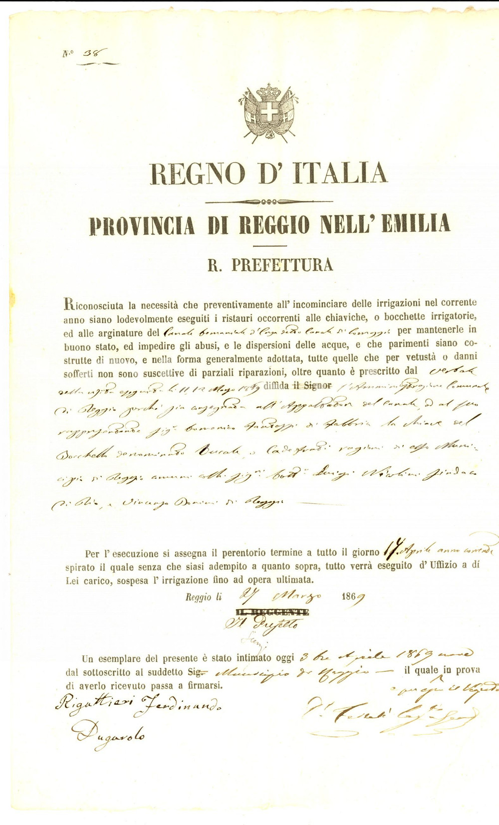 Documento originale, autentico 1869 REGGIO EMILIA Obbligo di consegna della chiave del bocchetto CA DE  FRATI 1