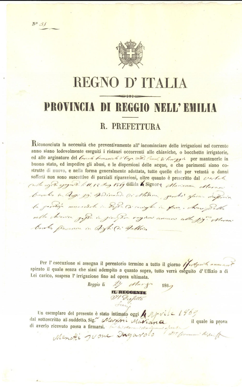 Documento originale, autentico 1869 CORREGGIO RE Marianna DAVOLIO MARIANI ricostruisce paratoia per canale 1