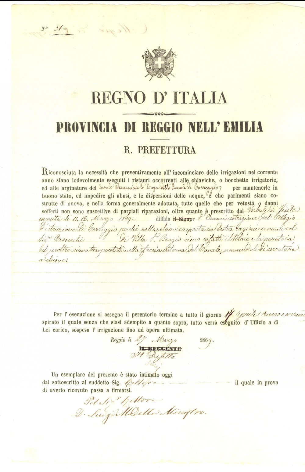 Documento originale, autentico 1869 SAN BIAGIO CORREGGIO RE Nuovo telaio per la chiavica di BESSECCHI 1