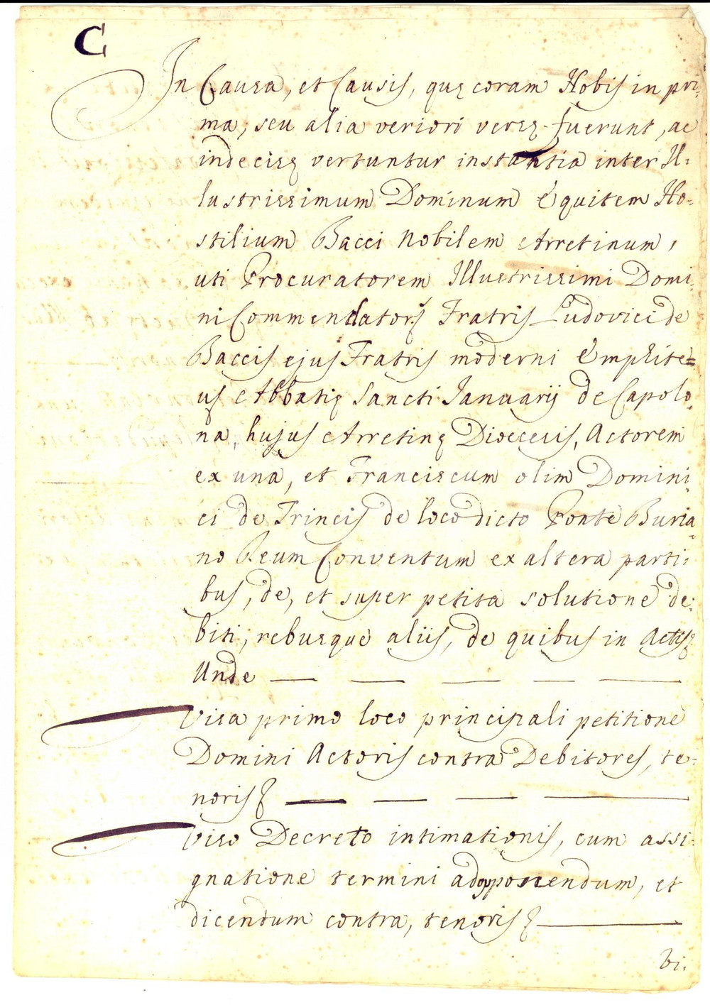 Documento originale, autentico 1748 AREZZO Francesco TRINCI condannato per debiti verso Ludovico BACCI 1