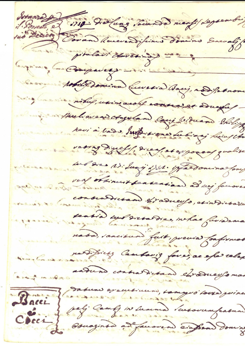 Documento originale, autentico 1754 CAPOLONA Istanza per immissione in possesso Lucrezia BACCI Manoscritto 1