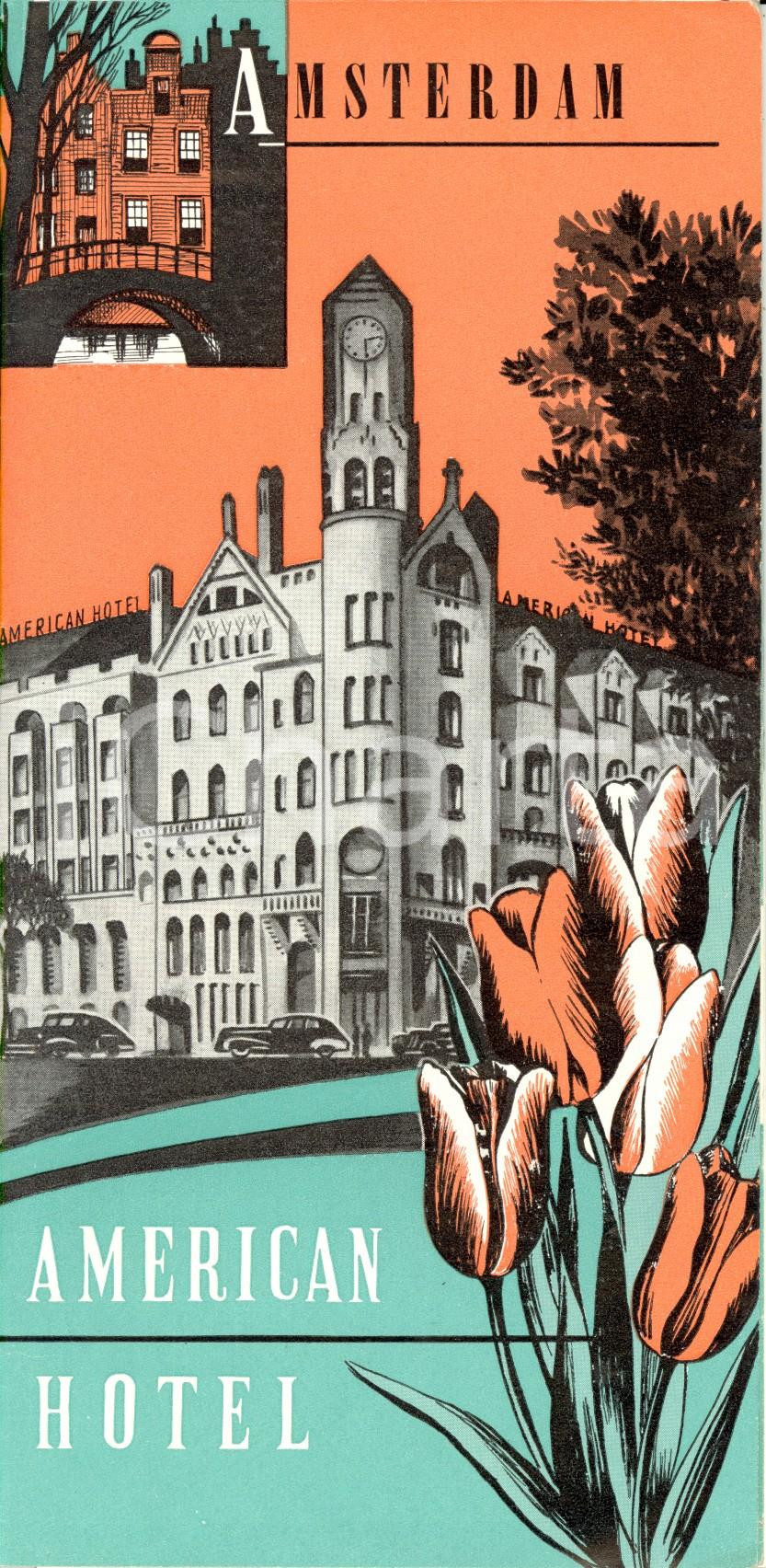 Materiale pubblicitario d’epoca 1960 ca AMSTERDAM NL American hotel Opuscolo turistico ILLUSTRATO con mappa 1