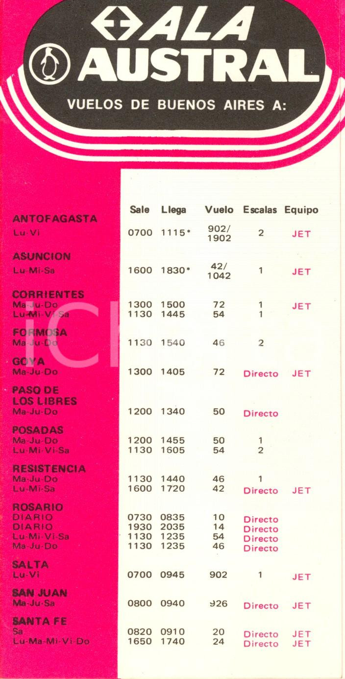 Materiale pubblicitario d’epoca 1969 ARGENTINA Compagnie aeree ALA e AUSTRAL Orari voli da e per BUENOS AIRES 1