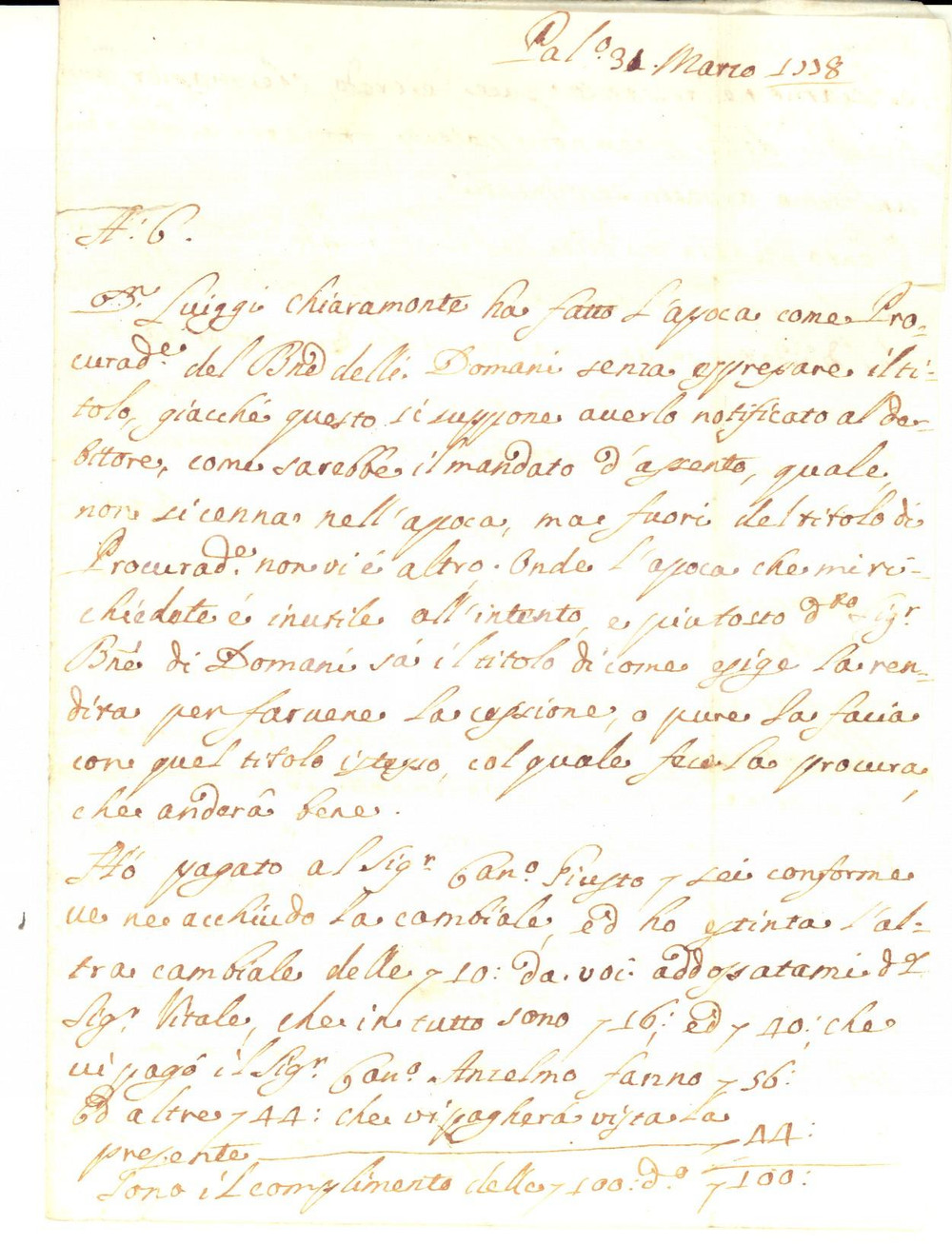 Documento originale, autentico 1778 PALERMO Don Luigi CHIARAMONTE stipula contratto per barone DOMANI 1