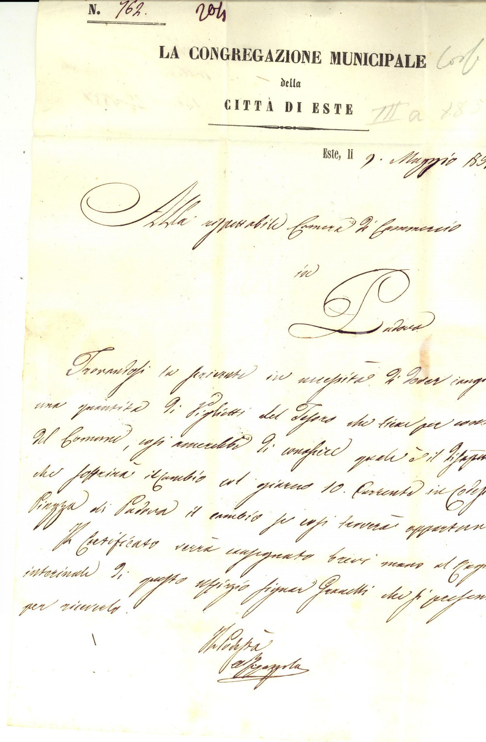 Documento originale, autentico 1851 ESTE PD PodestÃ  cambia biglietti del Tesoro Lettera manoscritta 1