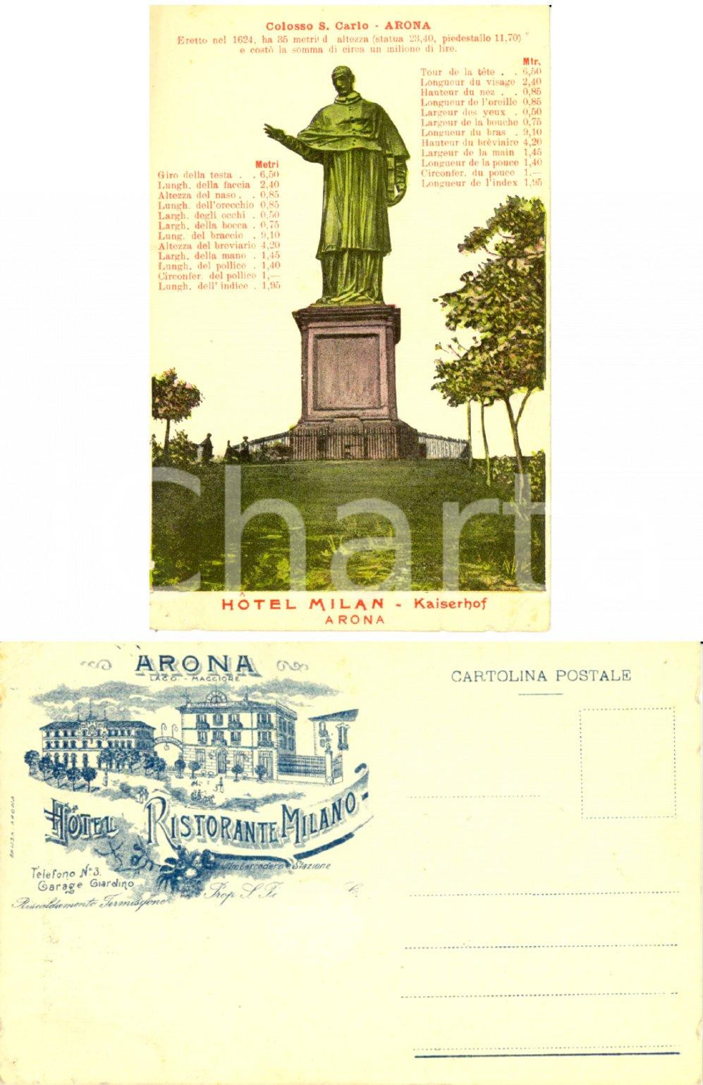 Cartolina originale da collezione 1910 ca ARONA NO Colosso SAN CARLO BORROMEO Hotel ristorante MILAN KAISERHOF 1
