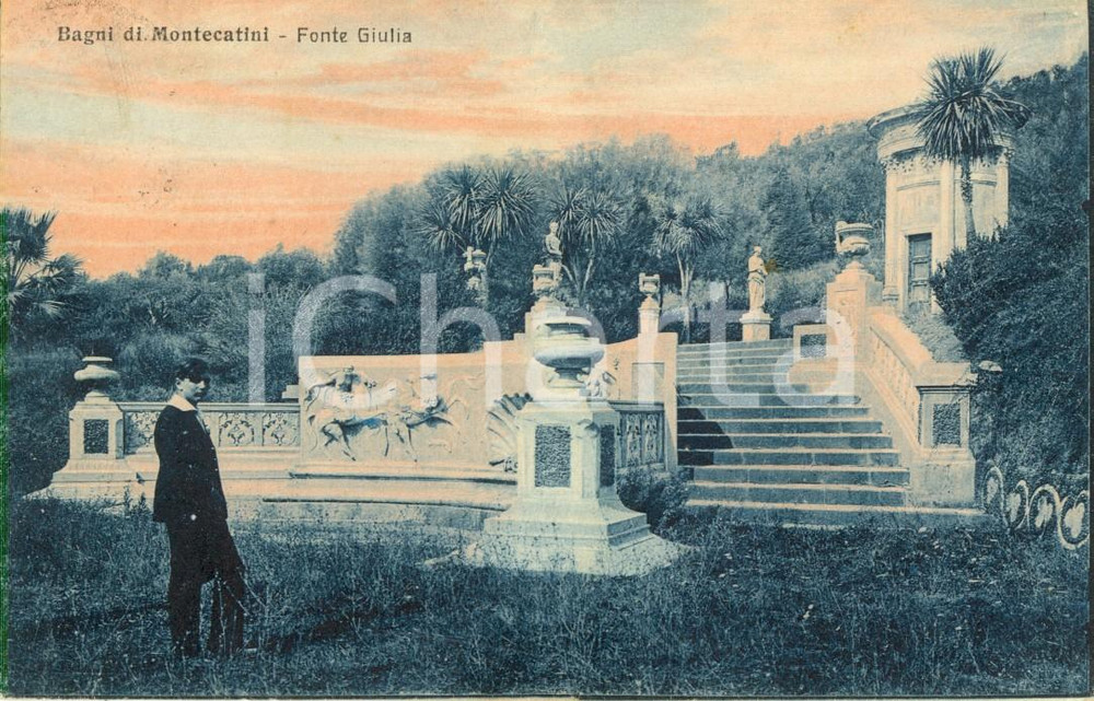 Cartolina originale da collezione 1924 MONTECATINI TERME PT Scala d ingresso alla FONTE GIULIA ANIMATA FP VG 1