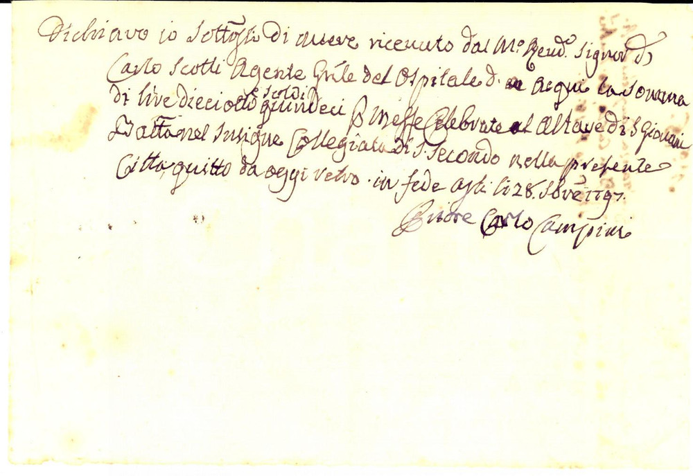 Documento originale, autentico 1797 ASTI Messe celebrate da don Carlo CAMPINI alla Collegiata di SAN SECONDO 1