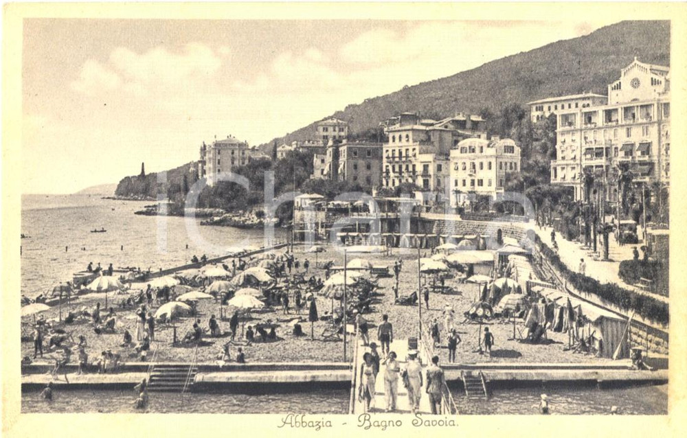 Cartolina originale da collezione 1940 ca ABBAZIA / OPATIJA CROAZIA Spiaggia Bagni SAVOIA Cartolina ANIMATA FP 1
