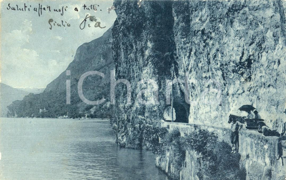 Cartolina originale da collezione 1911 MARONE BS Calesse sulla strada lungo il Lago Cartolina ANIMATA FP VG 1