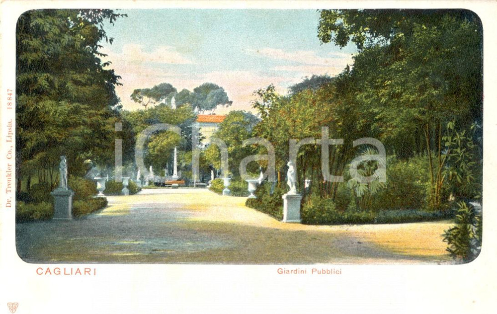 Cartolina originale da collezione 1900 ca CAGLIARI Giardini pubblici con statue Cartolina postale ILLUSTRATA FP NV 1
