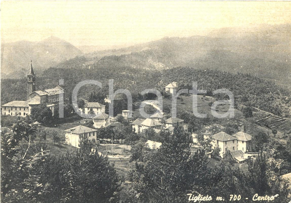 Cartolina originale da collezione 1959 TIGLIETO GE Centro con Chiesa SAN BERNARDO e SANTA MARIA ASSUNTA FG VG 1