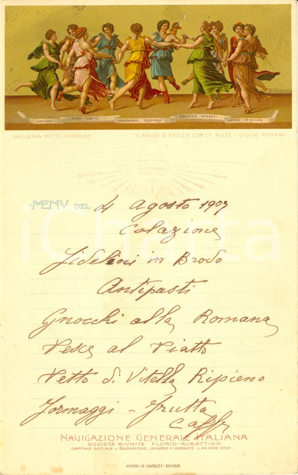 Oggetto da collezione cartaceo 1903 Giulio ROMANO Ballo d APOLLO con le Muse Menù NAVIGAZIONE GENERALE ITALIANA 1