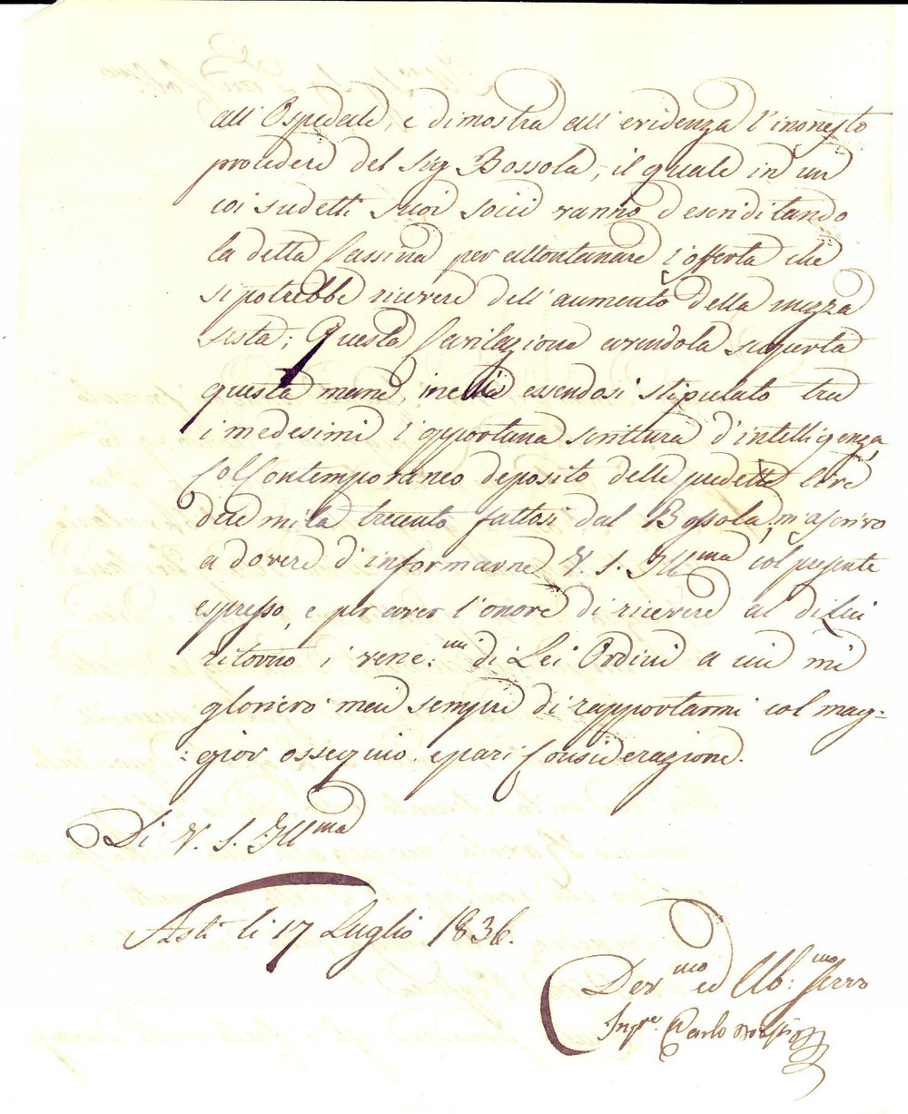 Documento originale, autentico 1836 ASTI Ing. Carlo BOASSI sulle manovre disoneste di Giovanni Battista BOSSOLA 1
