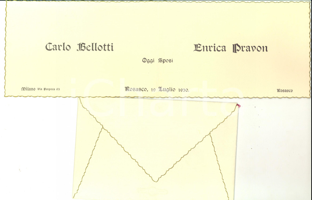 Oggetto da collezione cartaceo 1930 ROSASCO PV Nozze Carlo BELLOTTI  Enrica PRAVON Partecipazione 1