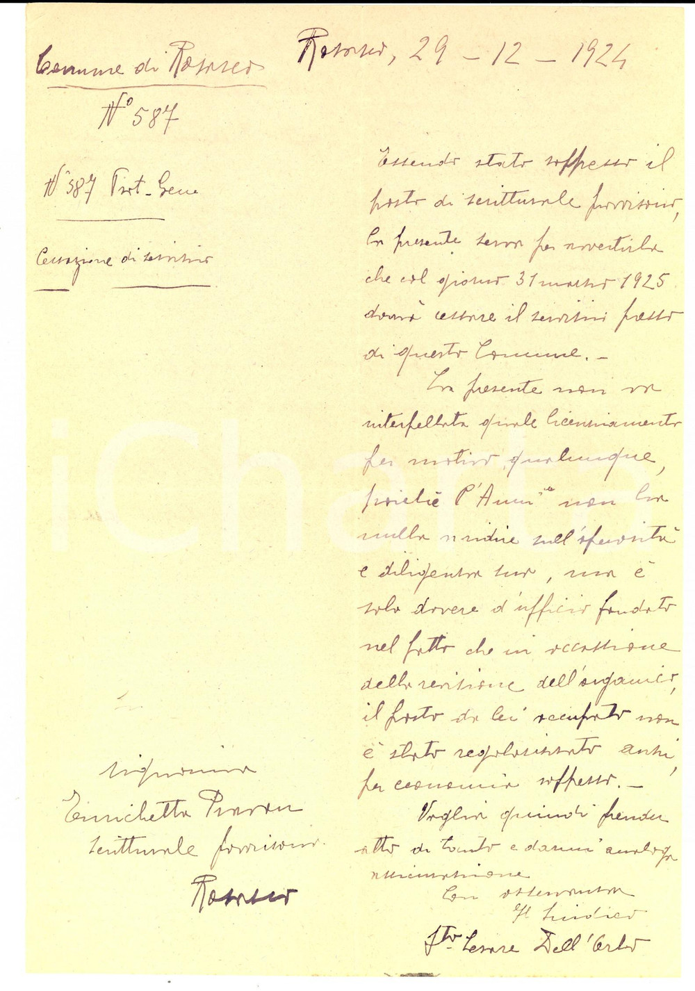 Manoscritto, lettera originale 1924 ROSASCO PV Enrica PRAVON licenziata per soppressione del posto di lavoro 1