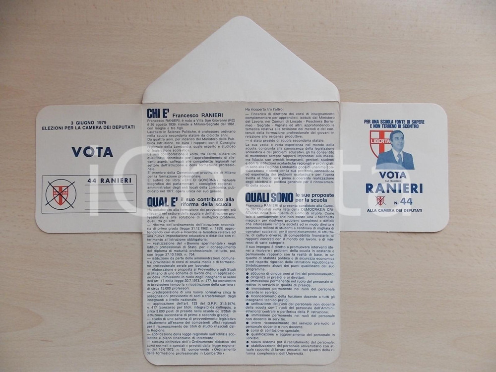 Materiale pubblicitario d’epoca 1979 MILANO ELEZIONI POLITICHE Camera Deputati Votate DC Francesco RANIERI 1