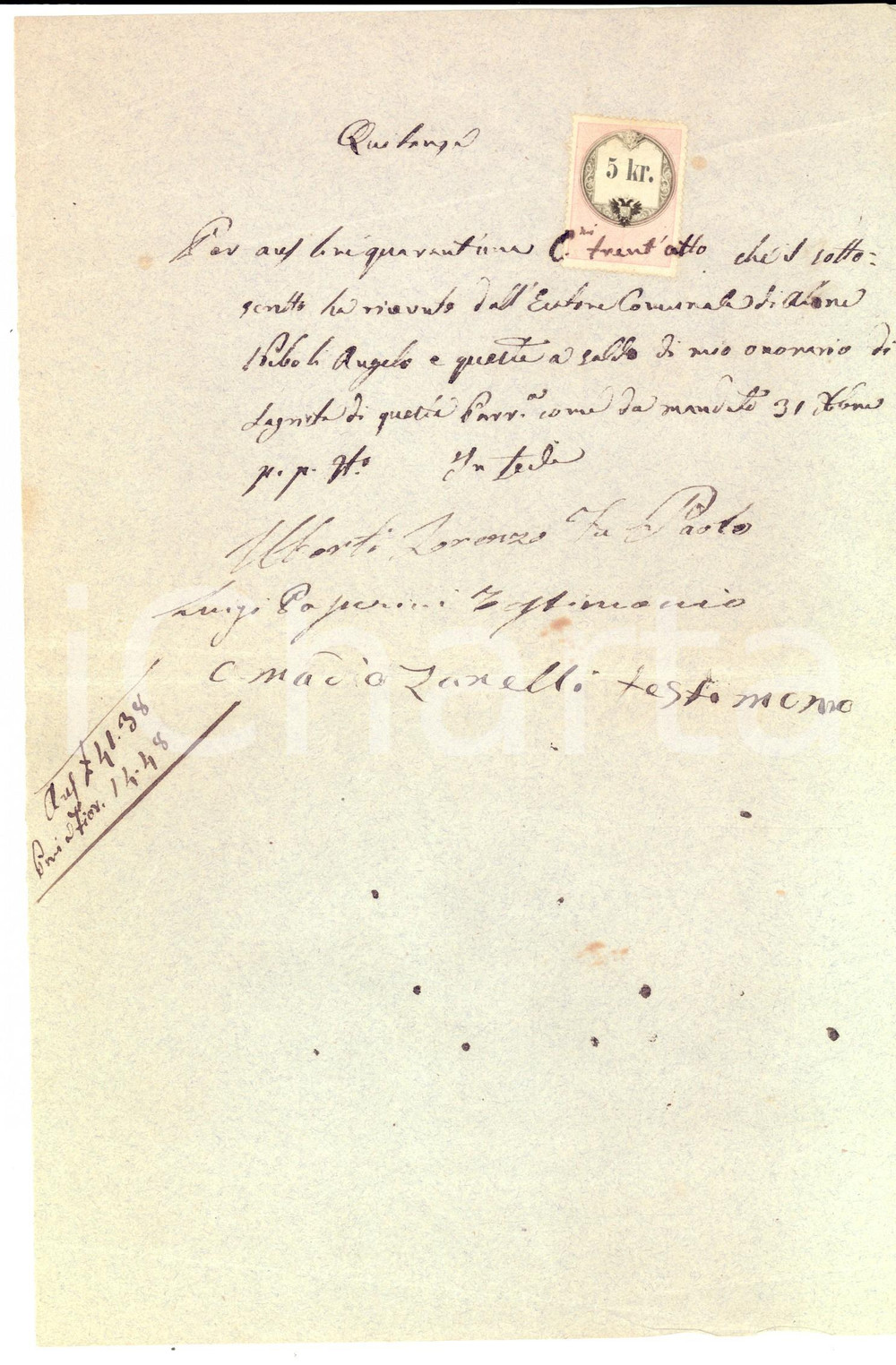 Documento originale, autentico 1850 ca ALONE/ CASTO BS Saldo del sacrestano Lorenzo MORTI Quietanza 1