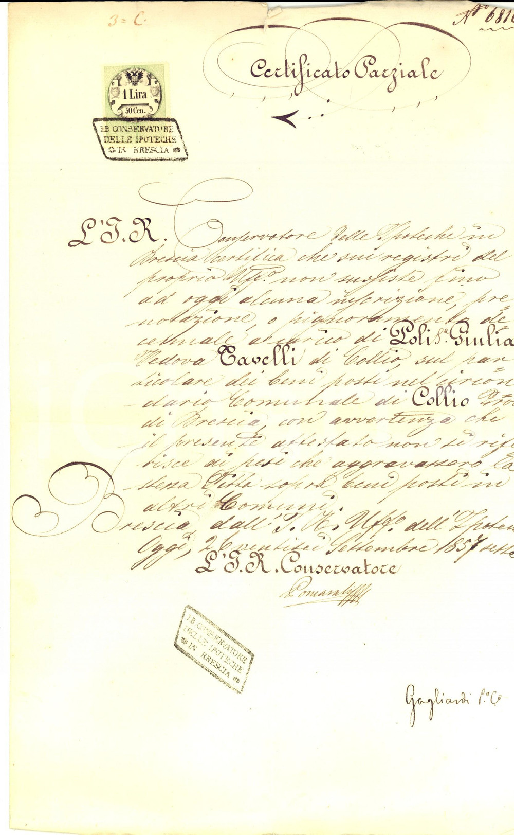 Documento originale, autentico 1857 COLLIO BS Iscrizioni su immobili di Marco e Glisente TAVELLI Documento 1