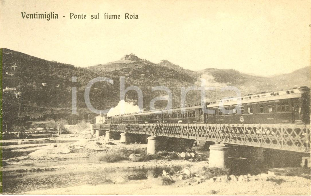 Cartolina originale da collezione 1920 ca VENTIMIGLIA IM Passaggio del treno sul ponte sul fiume ROIA FP NV 1