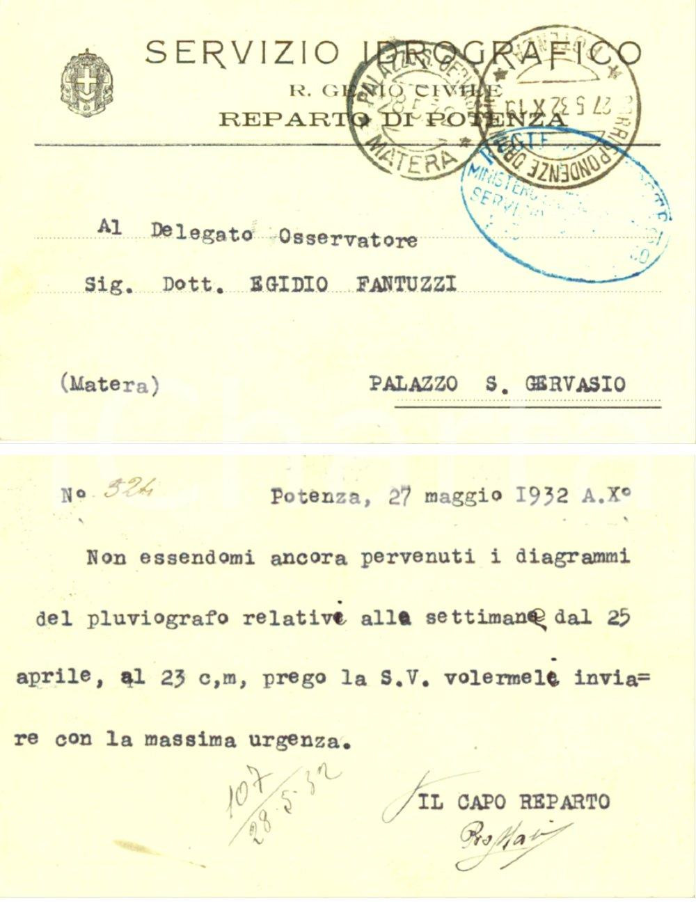 Cartolina originale da collezione 1932 POTENZA Servizio idrografico REGIO GENIO CIVILE Richiesta pluviografo FP VG 1