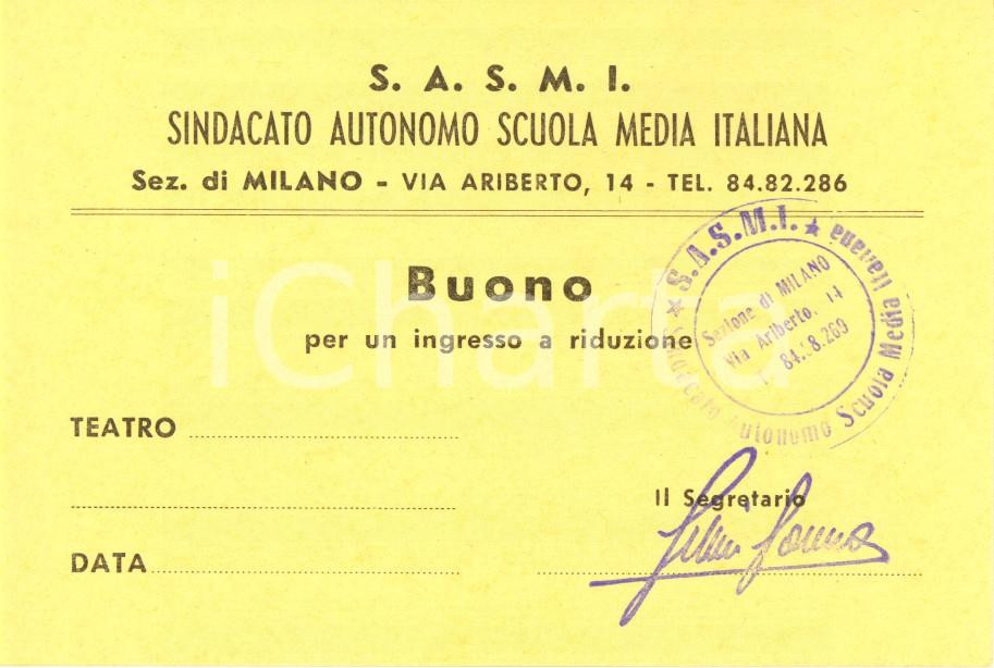 Oggetto da collezione cartaceo 1955 ca MILANO Sindacato Autonomo Scuola Media SASMI Buono ingresso a teatro 11 1