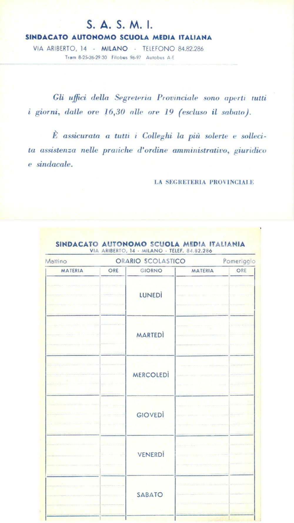 Oggetto da collezione cartaceo 1955 ca MILANO Sindacato Autonomo Scuola Media Italiana SASMI Orario settimanale 1