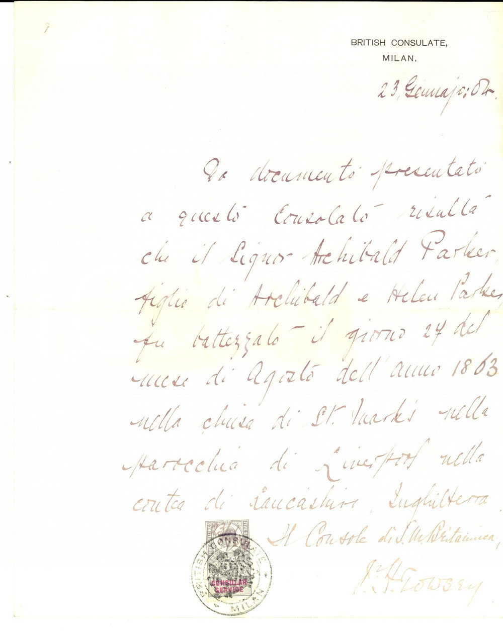 Documento originale, autentico 1884 MILANO Battesimo di Archibald PARKER Autografo Joseph Henry TOWSEY 1